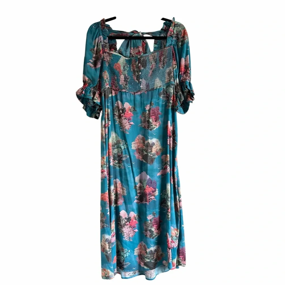 Anthropologie puff sleeve smocked midi dress size Small - Picture 2 of 11